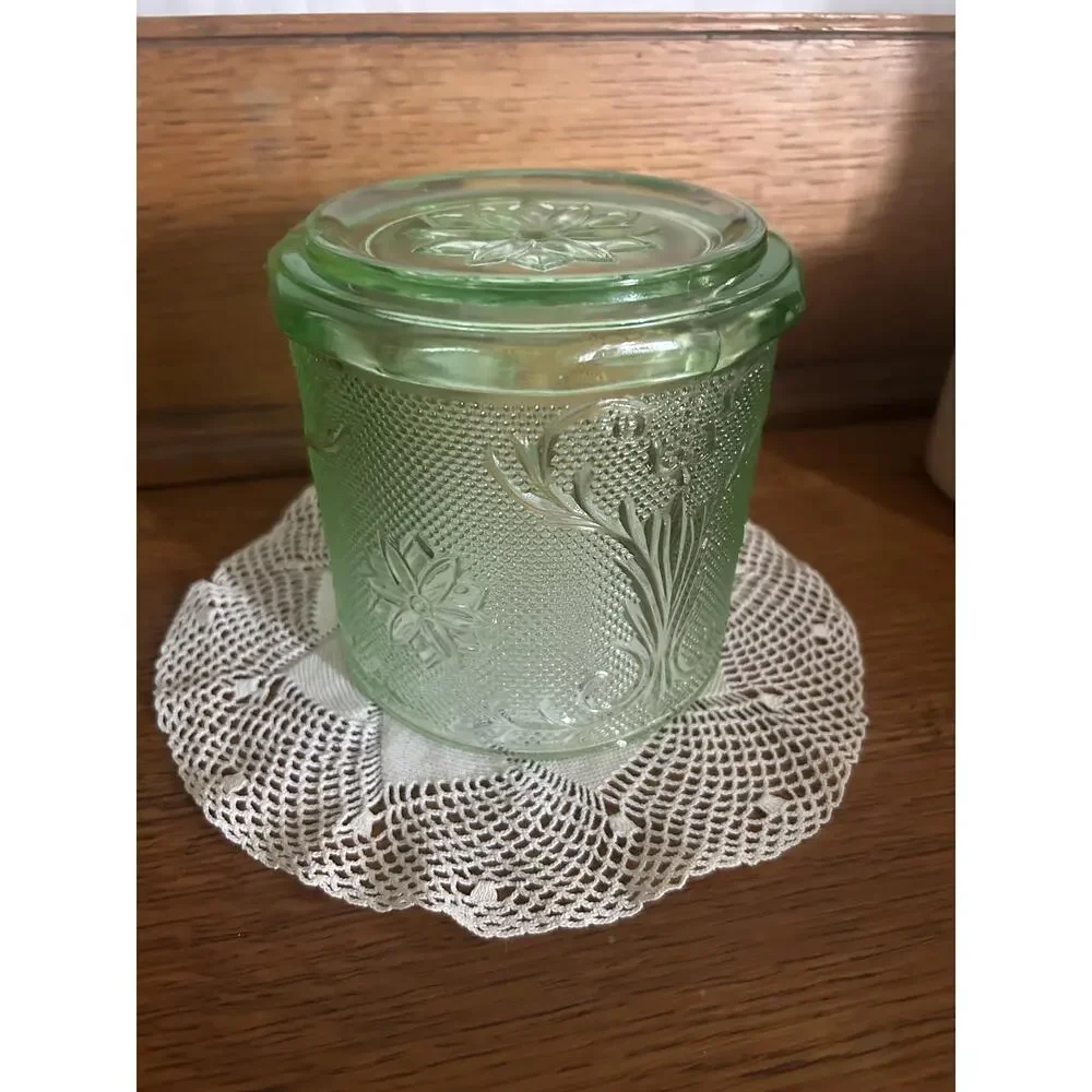 Vintage Tiara Exclusives Chantilly Green Sandwich Glass Canister with Lid